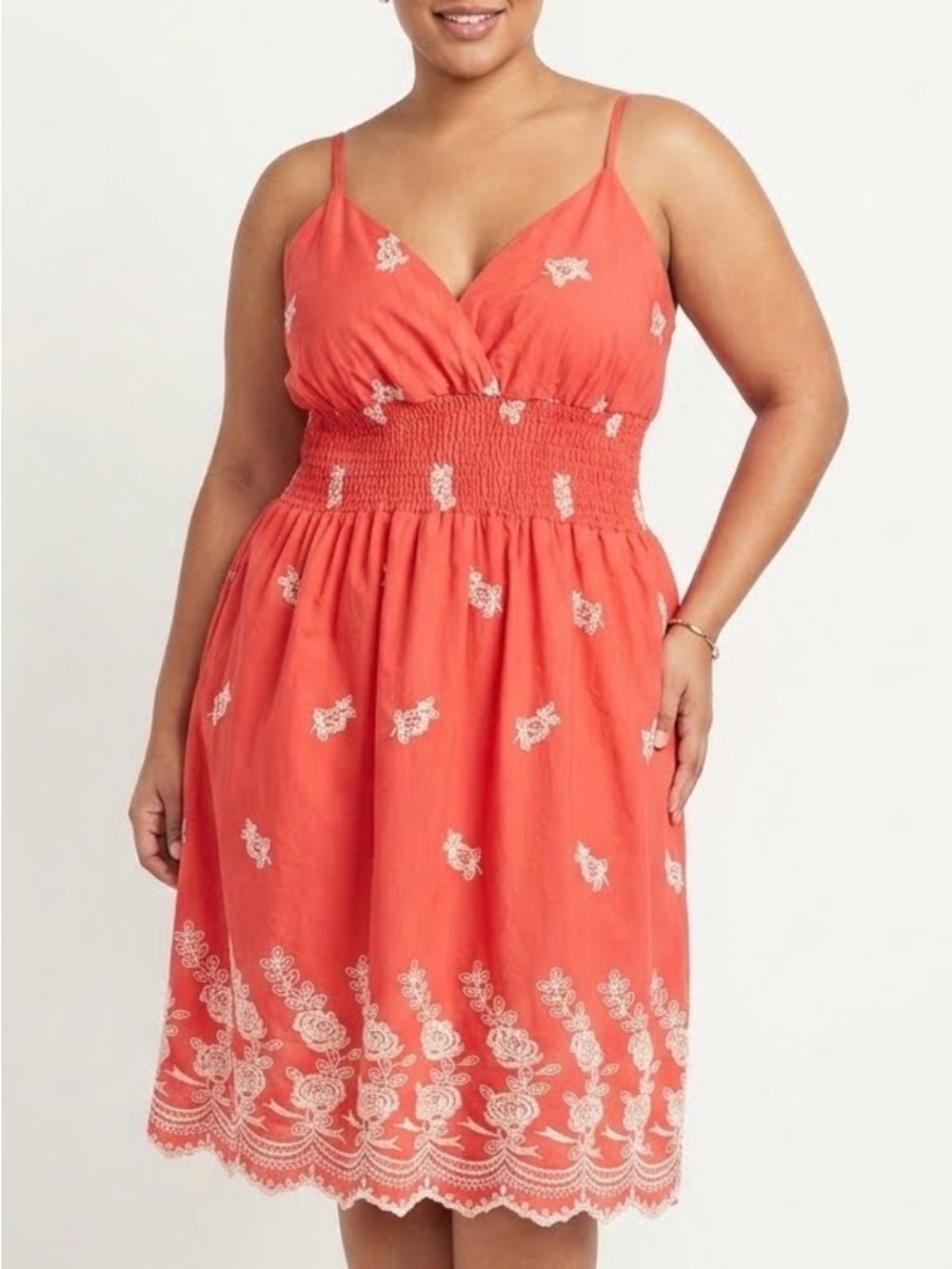 She’sCool Orange/Coral Strap Summer XL Midi Dress White Floral Embroidery Smock